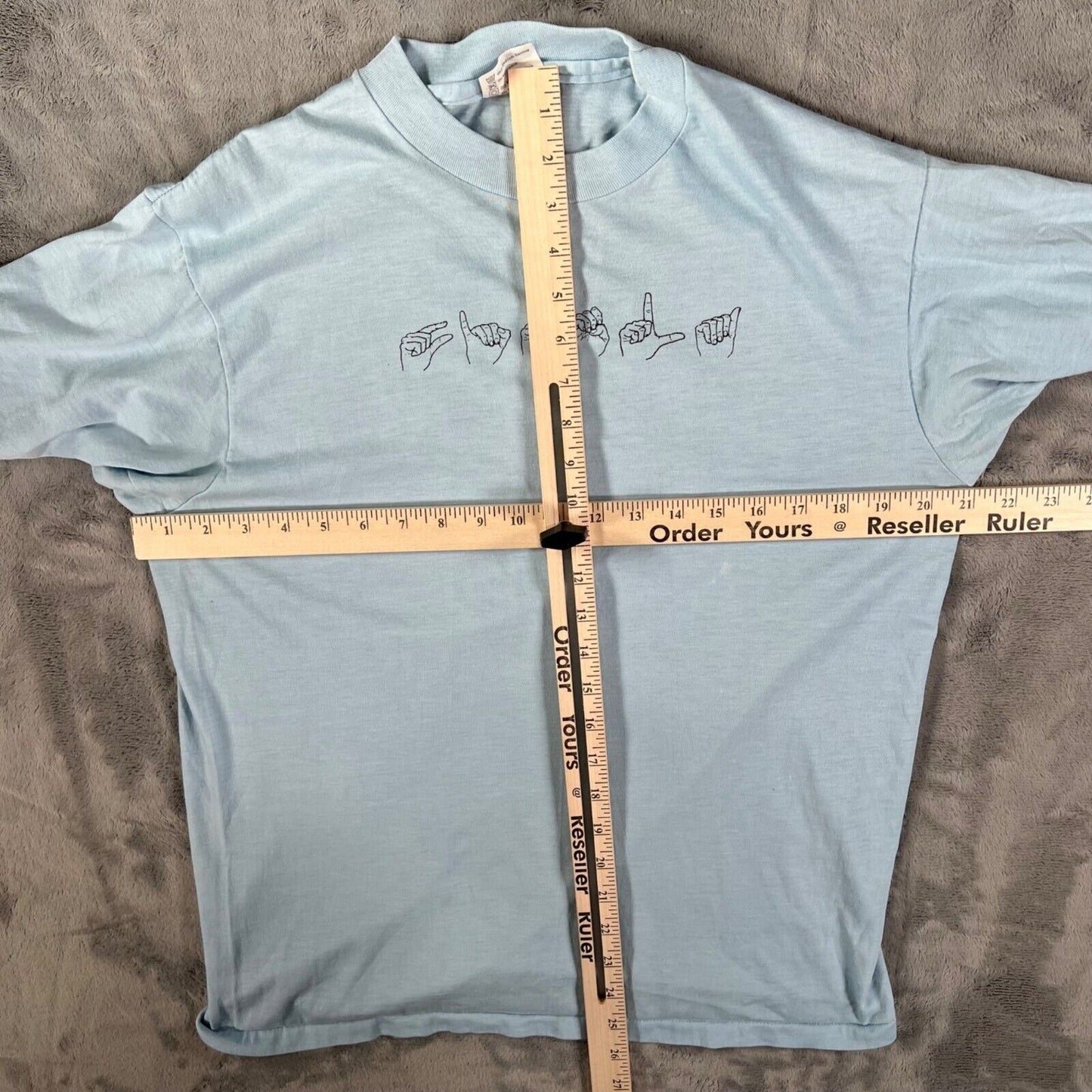 Vintage 1980s Hanes Light Blue Cotton/Poly ASL "Gisela" T-Shirt (Large)