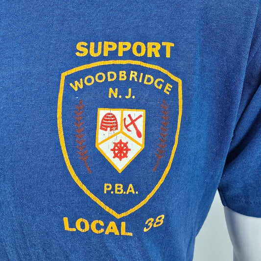 Vintage 1980s Blue Support Woodbridge New Jersey P.B.A. Local 38 T-Shirt (L)