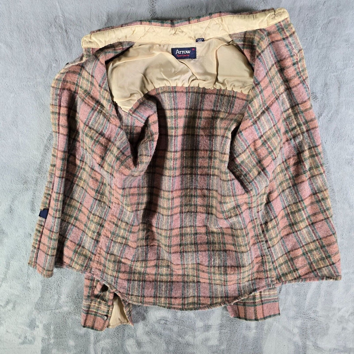Vintage 1980s Arrow Sportswear Mens Pink Plaid Wool Blend Flannel Shirt (XS/S)