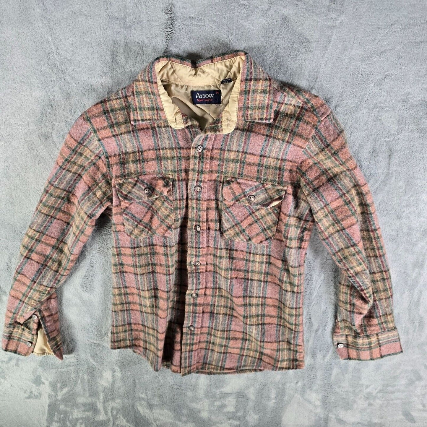 Vintage 1980s Arrow Sportswear Mens Pink Plaid Wool Blend Flannel Shirt (XS/S)