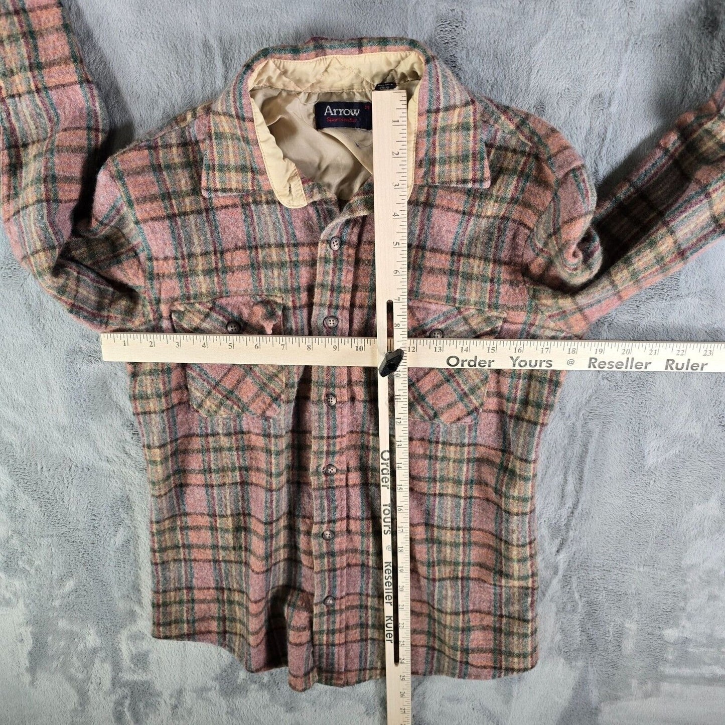 Vintage 1980s Arrow Sportswear Mens Pink Plaid Wool Blend Flannel Shirt (XS/S)