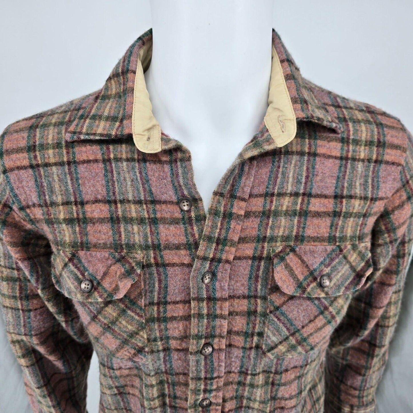 Vintage 1980s Arrow Sportswear Mens Pink Plaid Wool Blend Flannel Shirt (XS/S)