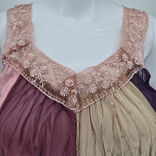 Vintage Y2k Japanese Market Boho Colorblock Sheer Crinkle Chiffon Tank Top (S)