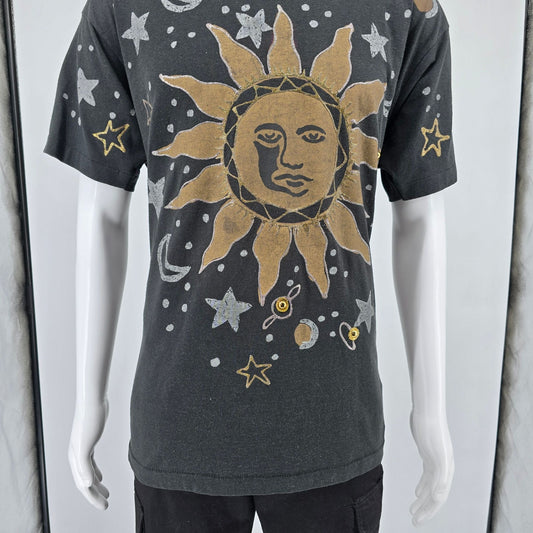 Vintage 1990s Wetpaint Hand Painted Celestial Glitter Art Sun/Moon T-Shirt (XL)