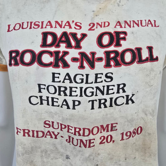 Thrashed Vintage 1980 Louisiana Day of Rock-N-Roll Concert Ringer Tee (M)