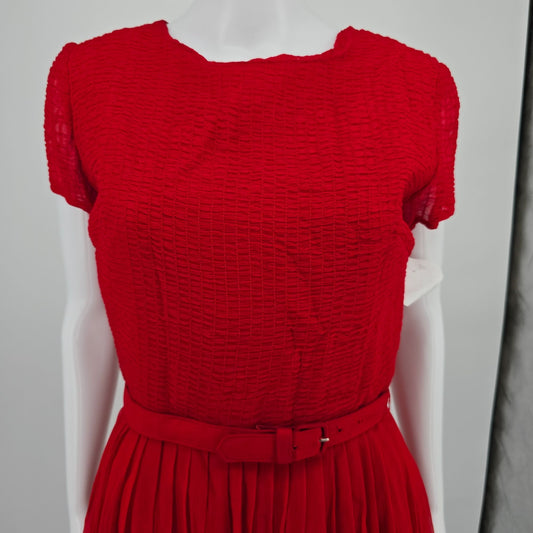 Vintage Late 1950s Syd Chicago Red Rayon Fit and Flare Belted Party Dress (S)