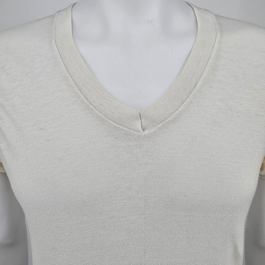 Distressed Vintage Early 1980s Sears Blank White Cotton V-Neck T-Shirt (S/M)