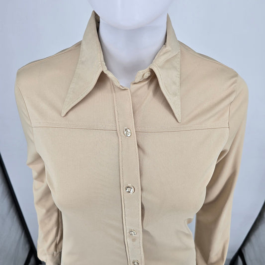 Vintage 1970s Stuffed Shirt Women's Pointed Collar Button-Up Blouse Top (S)