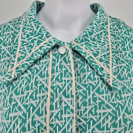 Vintage 1970s Turquoise Abstract Print Snap Front Housecoat Top (XL/XXL)