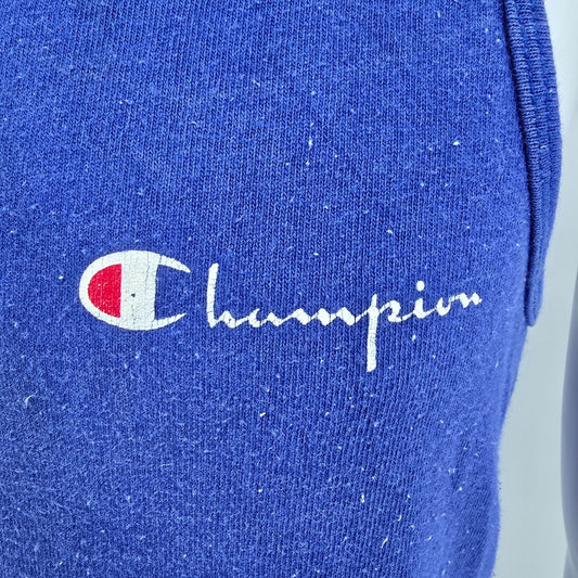 Distressed Vintage 1980s Champion USA Script Logo Blue Athletic Tank Top (S)