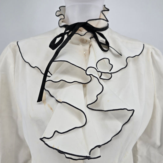 Distressed Vintage 1980s Cream/Black Jabot Collar Secretary Blouse (M/L)