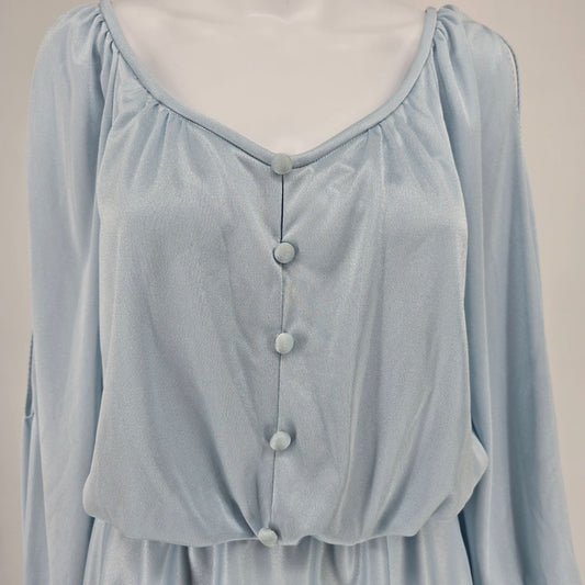 Vintage 1970s Baby Blue Long Sleeve Blouson Disco Party Mini Dress (S/M)