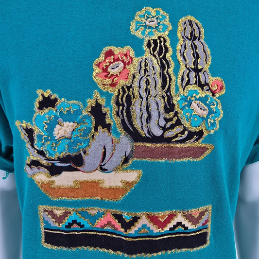 Vintage 1990s Hanes Glitter Cactus Southwestern Graphic Teal T-Shirt (XL)