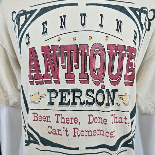 Distressed Vintage 1990s Laid Back "Genuine Antique Person" Graphic T-Shirt (XL)