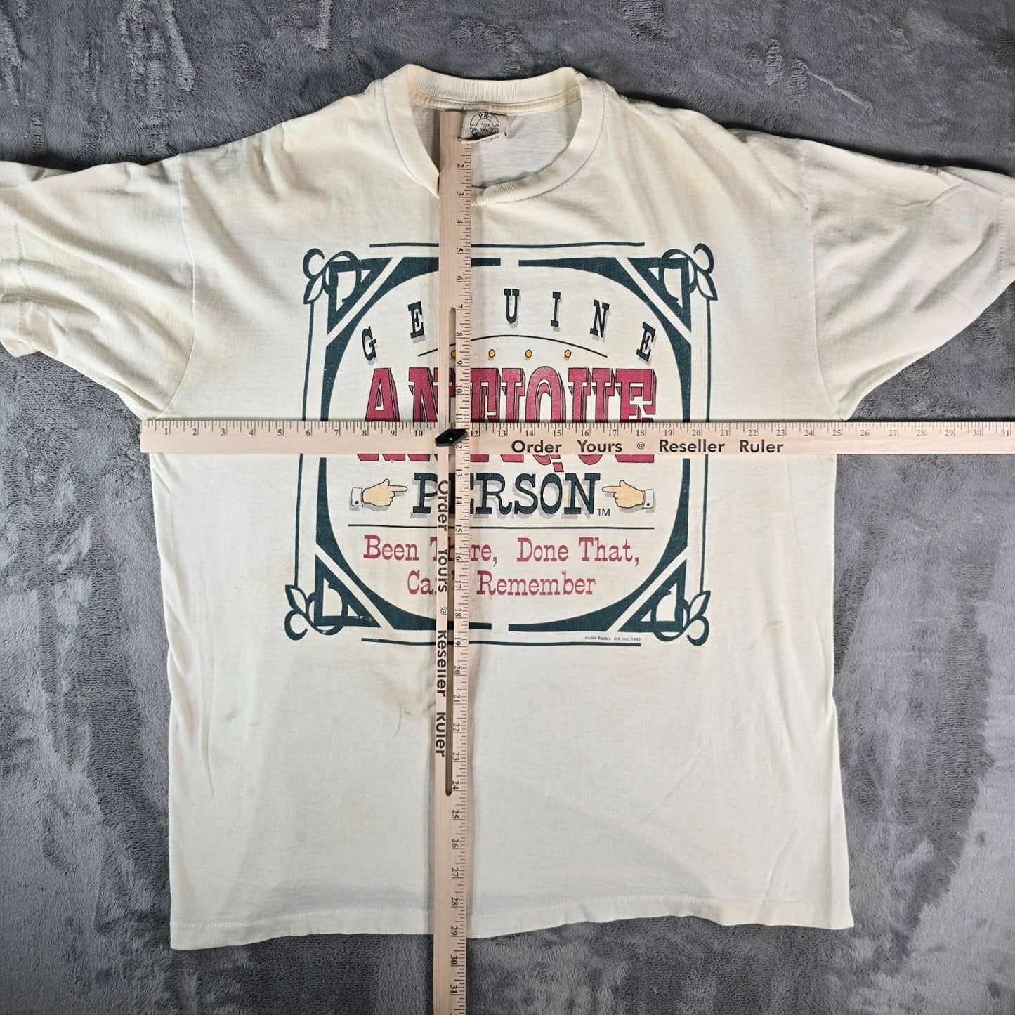 Distressed Vintage 1990s Laid Back "Genuine Antique Person" Graphic T-Shirt (XL)