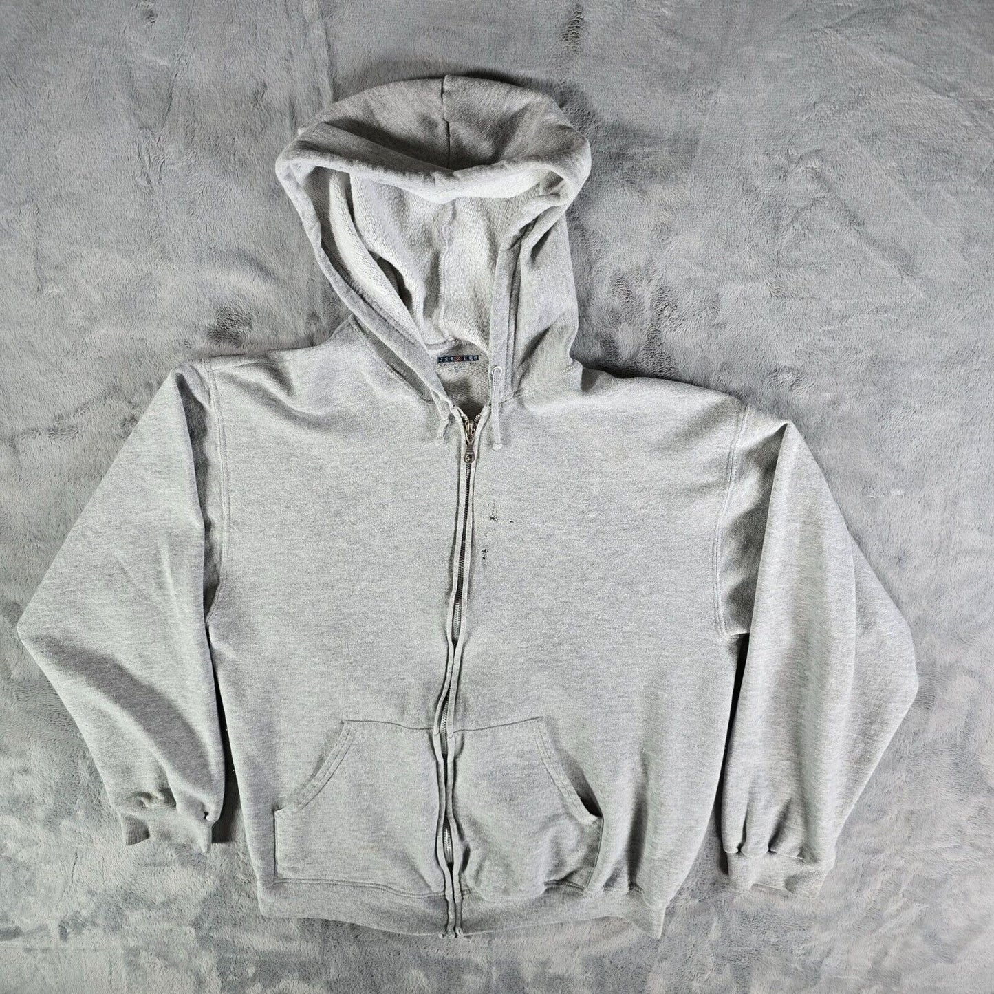 Distressed Vintage Y2K Jerzees Gray Terry-Lined Full-Zip Hooded Sweatshirt (M)