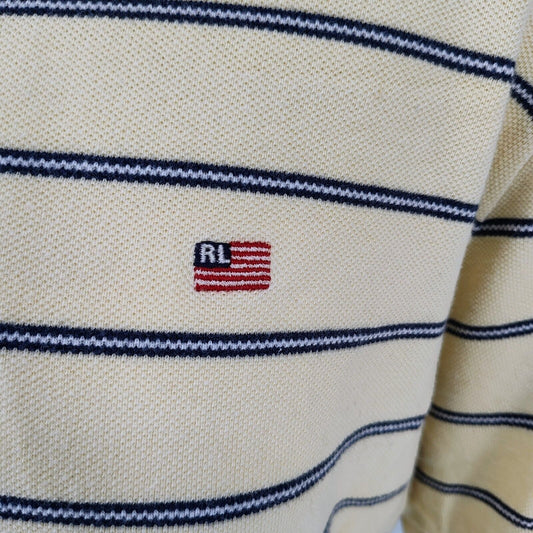 Vintage 1990s Polo Jeans Co. Ralph Lauren Snap Button Yellow Striped Polo (XXL)