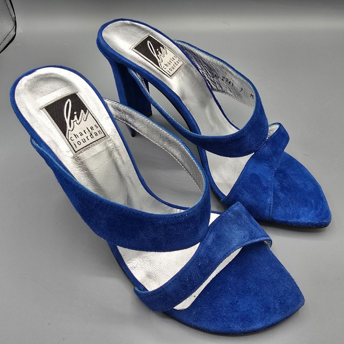 Vintage 1990s Bis Charles Jourdan Colbalt Suede Flared Heel Mule Sandals (7M)