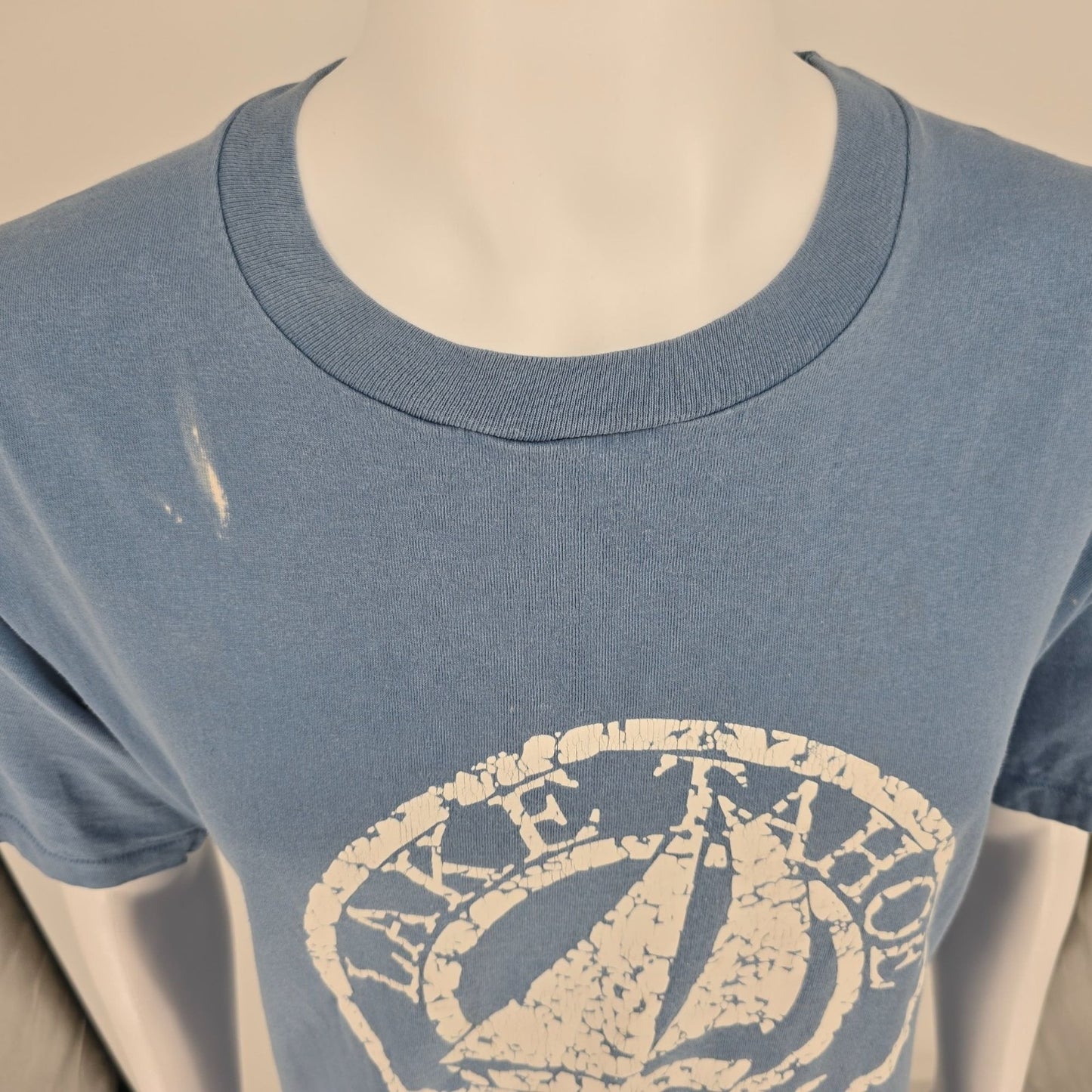 Distressed Vintage 1990s Anvil Blue Lake Tahoe Sailboat Graphic T-Shirt (XL)