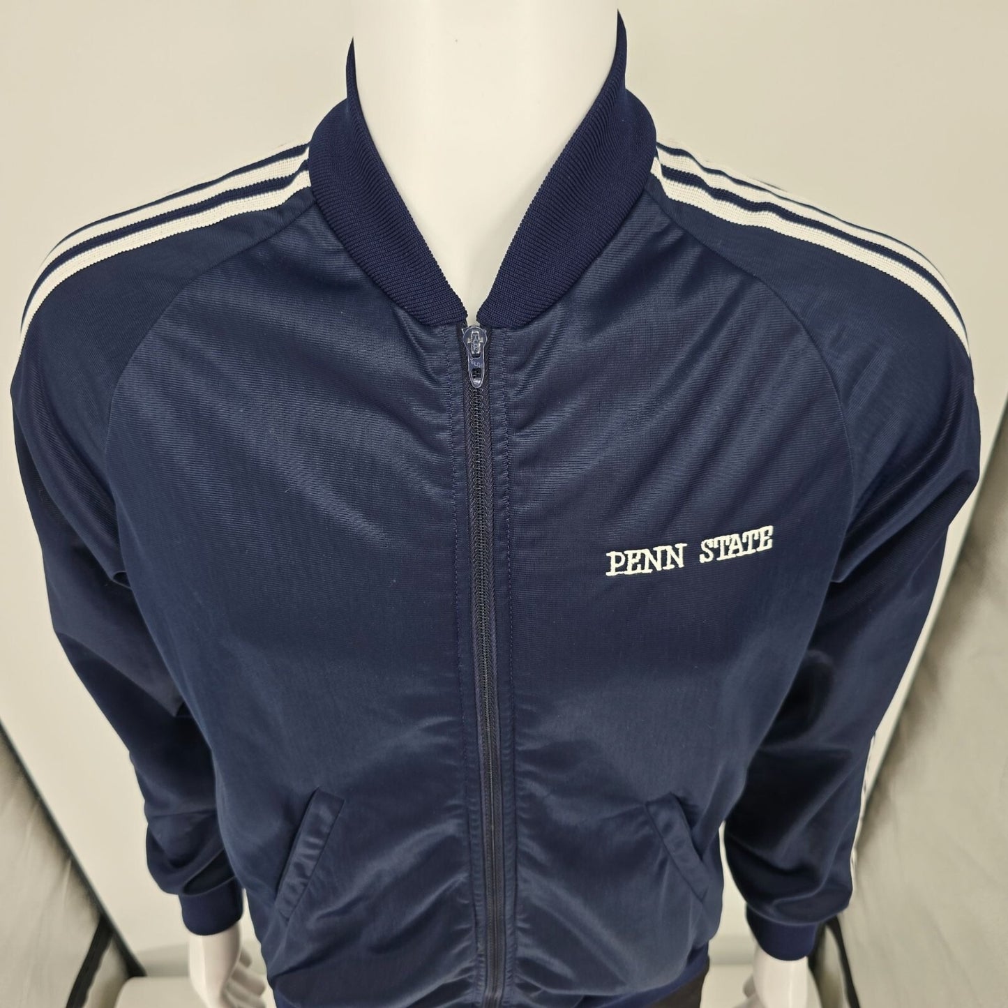 Vintage 1980s Broderick Penn State Talon Zipper Navy Track Jacket (Medium)
