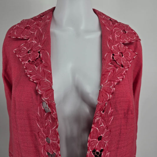 Vintage 1960s Hanas Clothiers Hong Kong Pink Open Front Cutwork Coat (L)