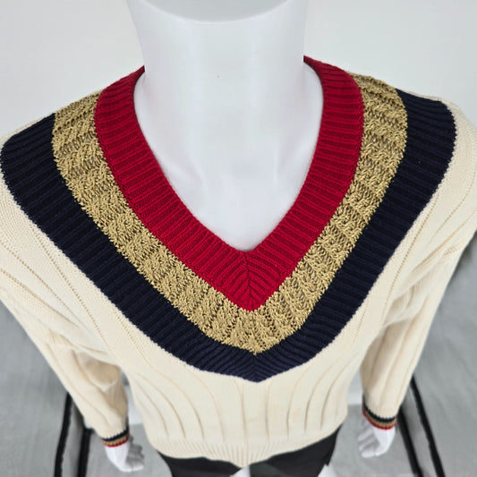 Vintage 1990s First Issue Women's Cable Knit V-Neck Tennis/Cricket Sweater (M)