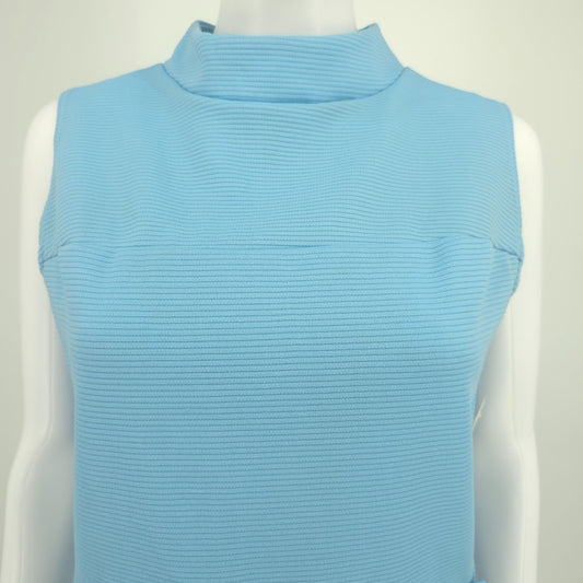 Vintage 1960s Blue Dacron Ribbed Knit Sleeveless Mock Neck Mod Mini Dress (M)
