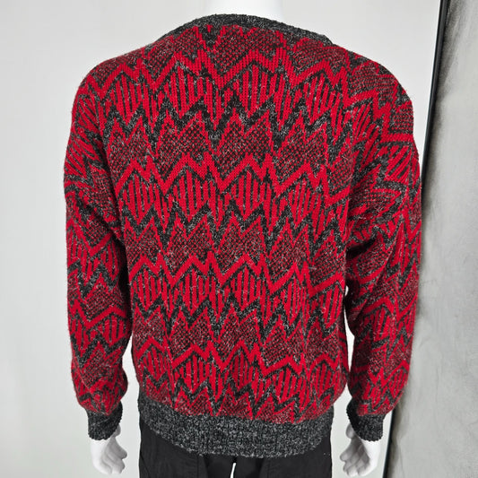 Vintage 1980s Men's Store Made in Italy Fuzzy Red/Black Zigzag Sweater (XL)