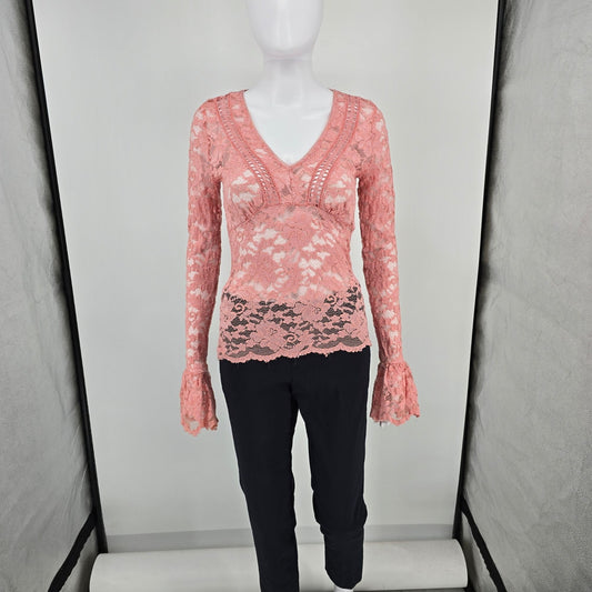 Vintage Y2K Moda International Victoria's Secret Pink Lace Bell Sleeve Top (S)