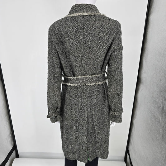 Vintage Y2K True Meaning Womens Boho Raw Edge Bouclé Belted Gray Long Coat (L)