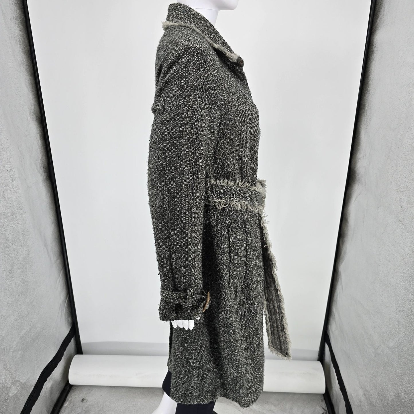 Vintage Y2K True Meaning Womens Boho Raw Edge Bouclé Belted Gray Long Coat (L)