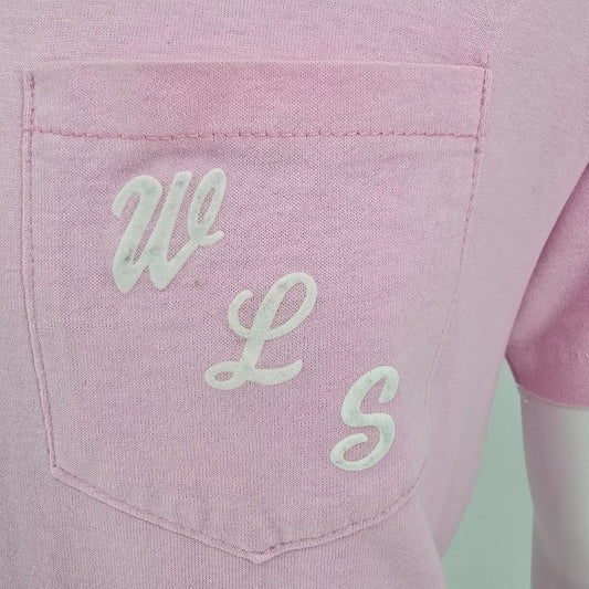 Vintage 1980s Heft-T by Tee Jays "WLS" Flocked Letter Pink Pocket T-Shirt (M/L)