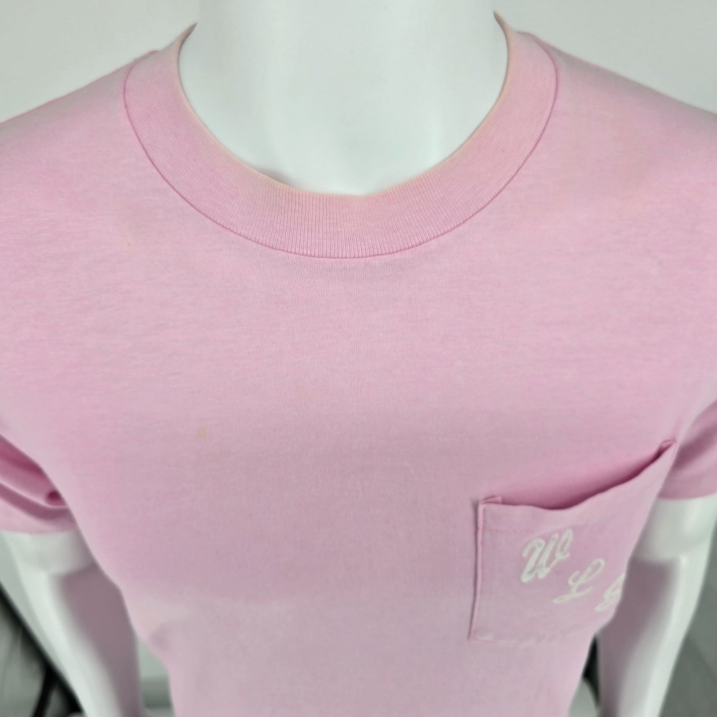 Vintage 1980s Heft-T by Tee Jays "WLS" Flocked Letter Pink Pocket T-Shirt (M/L)
