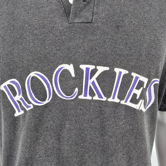 Distressed Vintage 1990s Colorado Rockies Baseball Black Henley T-Shirt (XL)