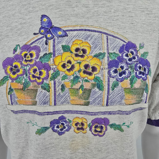 Distressed Vintage 1990s Pansy Flower Window Garden Ringer Tee T-Shirt (L)