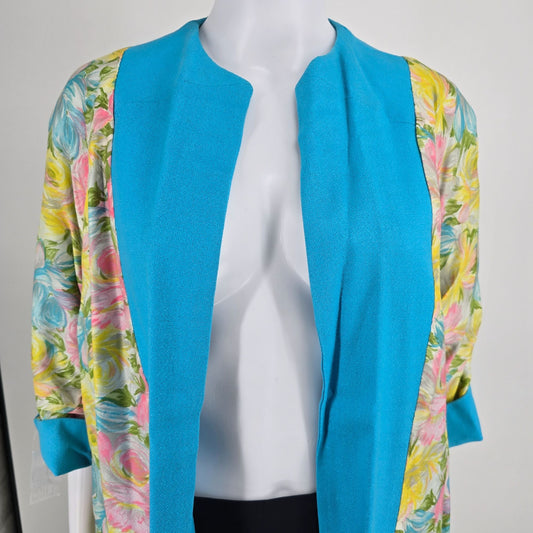 Vintage 1980s Unbranded Turquoise/Floral Watercolor Open Front Duster Kimono (L)