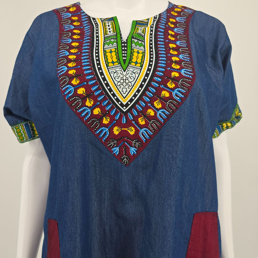 2010s Marine Imports Blue Chambray Cotton Daishiki Shift Tunic Dress (XL)