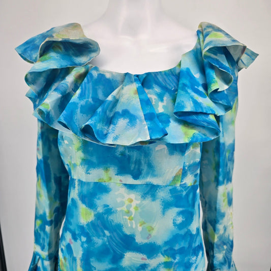 Vintage Early 1970s Watercolor Floral Ruffle Collar Maxi Dress (Size 10/M)