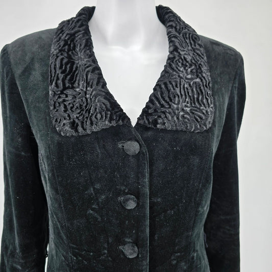 Vintage 1990s JS Collections Made in Canada Women's Black Velvet Long Coat (M)