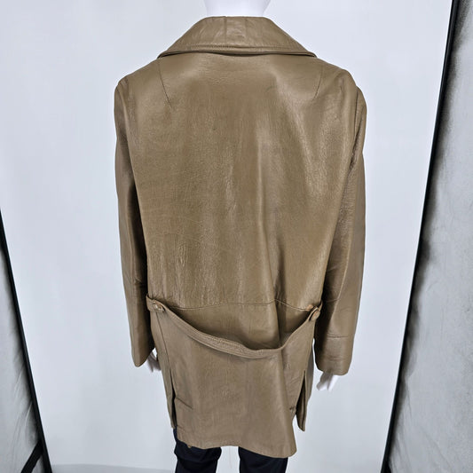 Vintage 1970s Unbranded Double-Breasted Olive Taupe Leather Coat (XL) *Fair