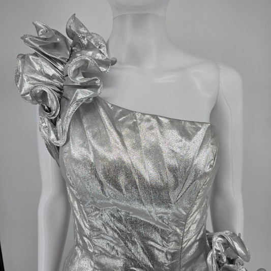Vintage 1980s Mike Benet Formals Silver Metallic One Shoulder Prom Dress (XS)