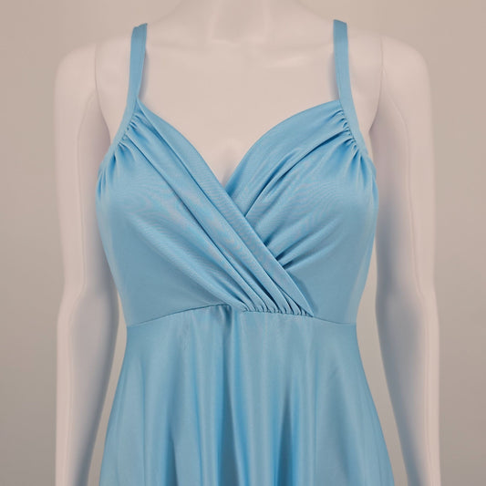 Vintage 1970s Light Blue Slinky Knit Spaghetti Strap Goddess Gown/Maxi Dress (S)