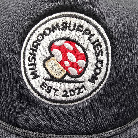 Mushroomsupplies.com Est. 2021 Black Embroidered Patch Mesh Snapback Trucker Hat