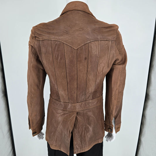 Vintage 1970s Jo-o-Kay Plaid Lining Brown Leather Western Panel Jacket (S)