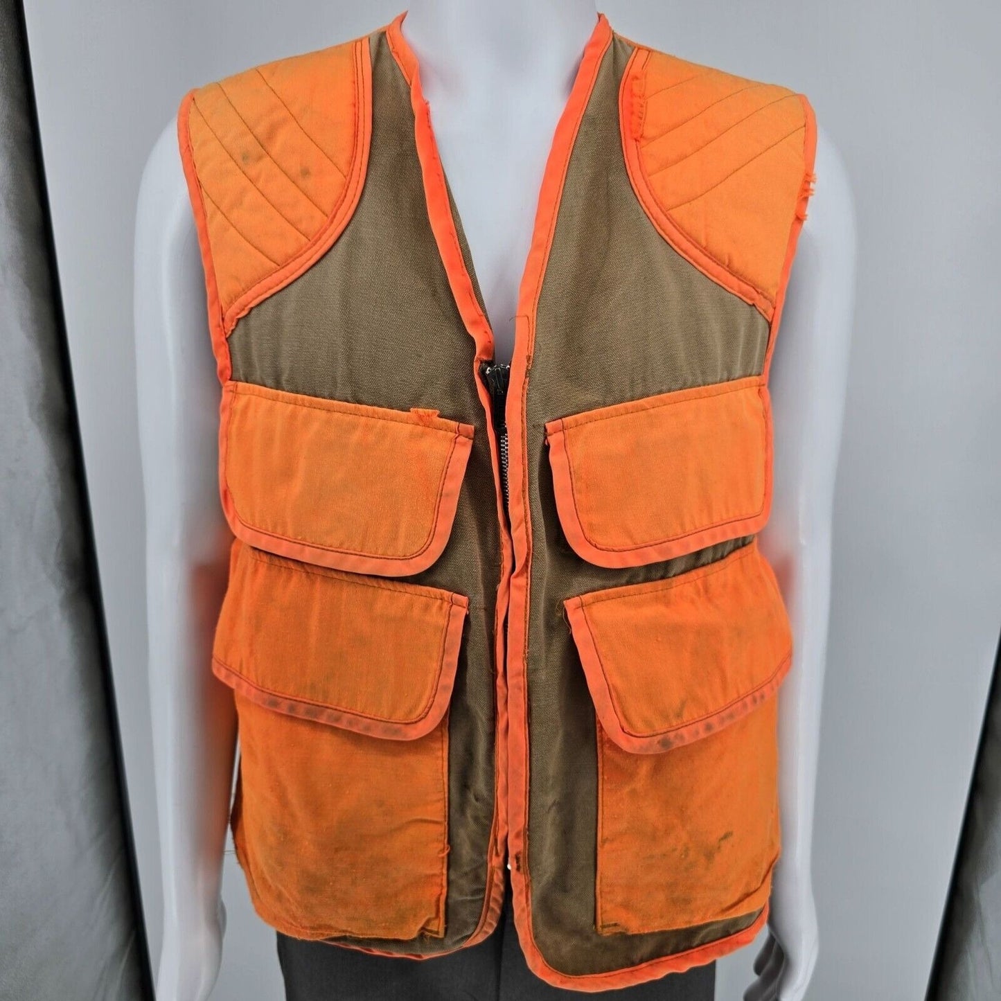 Distressed Vintage 1970s Sport-Bilt Orange and Brown Canvas Hunting Vest (L)