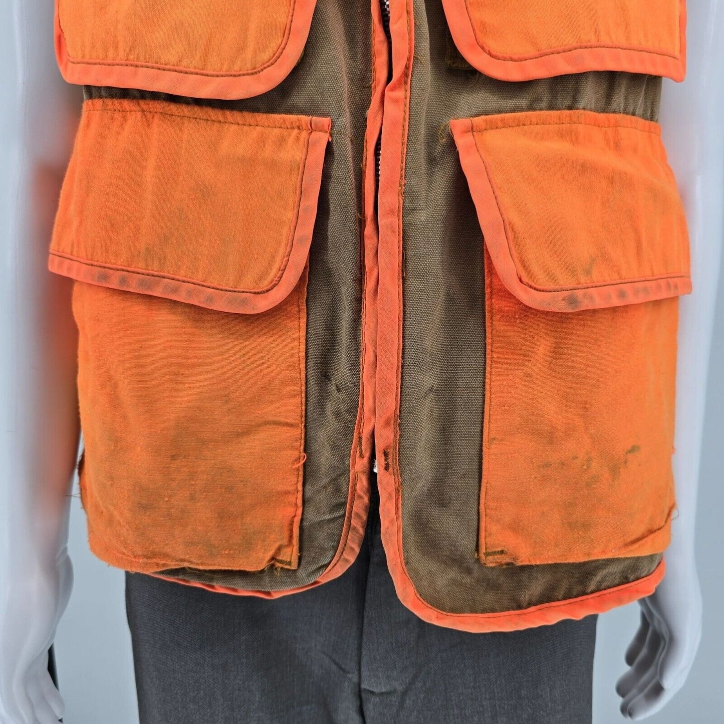 Distressed Vintage 1970s Sport-Bilt Orange and Brown Canvas Hunting Vest (L)