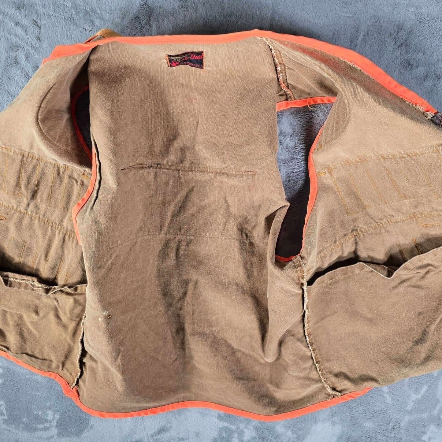Distressed Vintage 1970s Sport-Bilt Orange and Brown Canvas Hunting Vest (L)