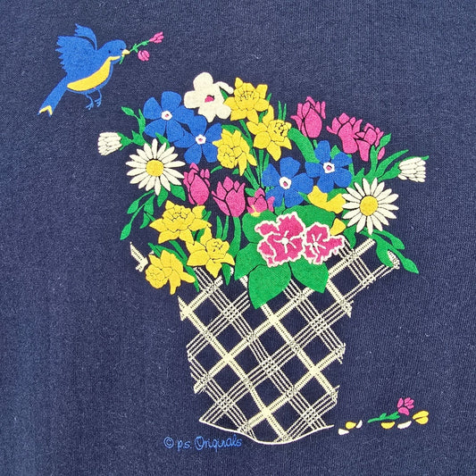 Vintage 1990s P.S. Originals Cottagecore Floral Bluebird Collared T-Shirt (XL)