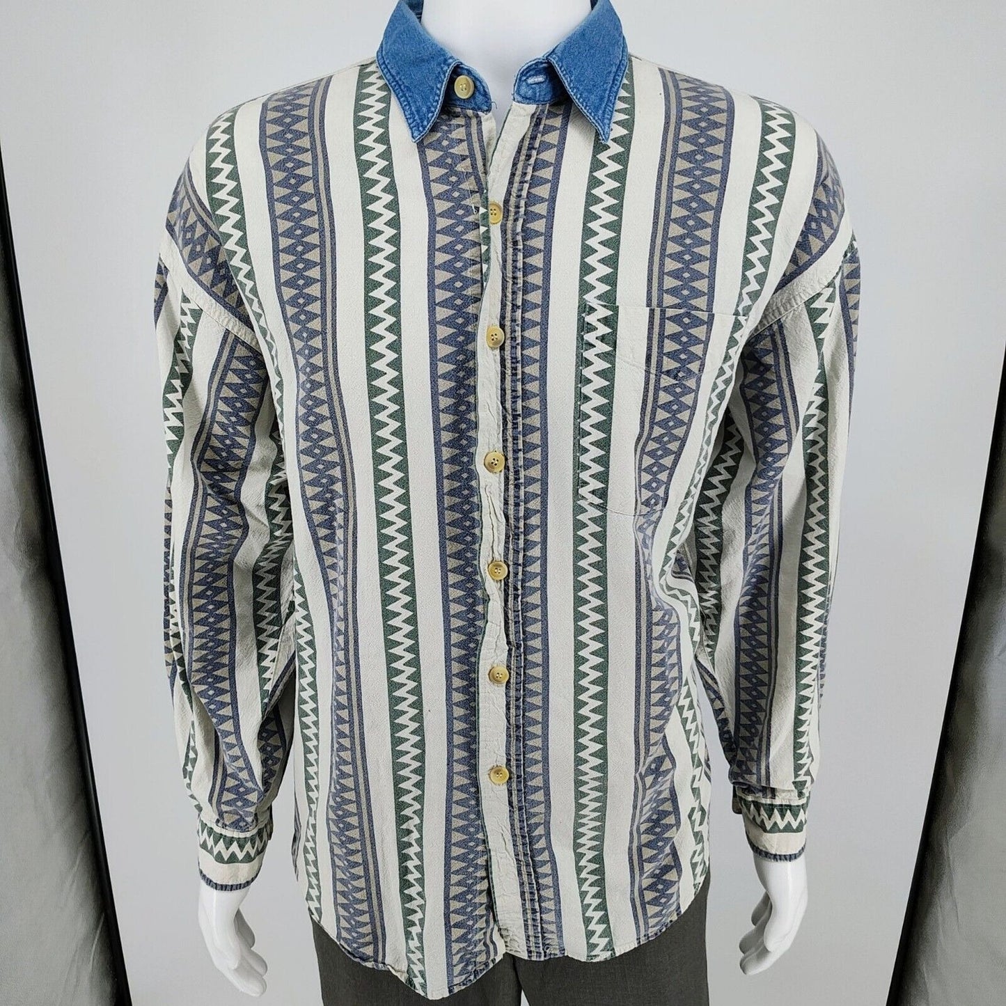 Vintage Rhinoceros Sportswear Mens Denim Collar Aztec Print Button-Up Shirt (XL)