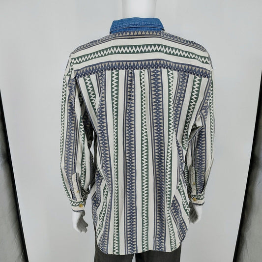 Vintage Rhinoceros Sportswear Mens Denim Collar Aztec Print Button-Up Shirt (XL)